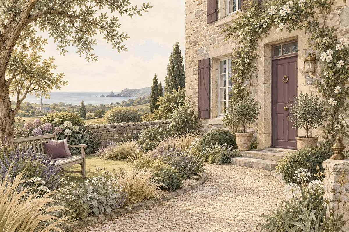 Illustration d’une maison en pierre et de son jardin, dans une ambiance inspirée du Cotentin.
